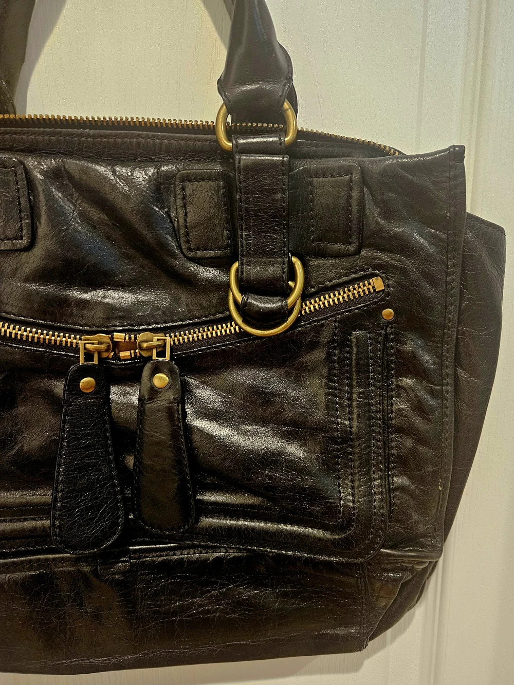Classic Black Leather Satchel with Gold Hardware